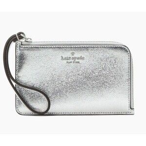 New Kate Spade Lucy Metallic Leather Small L-zip Wristlet Silver